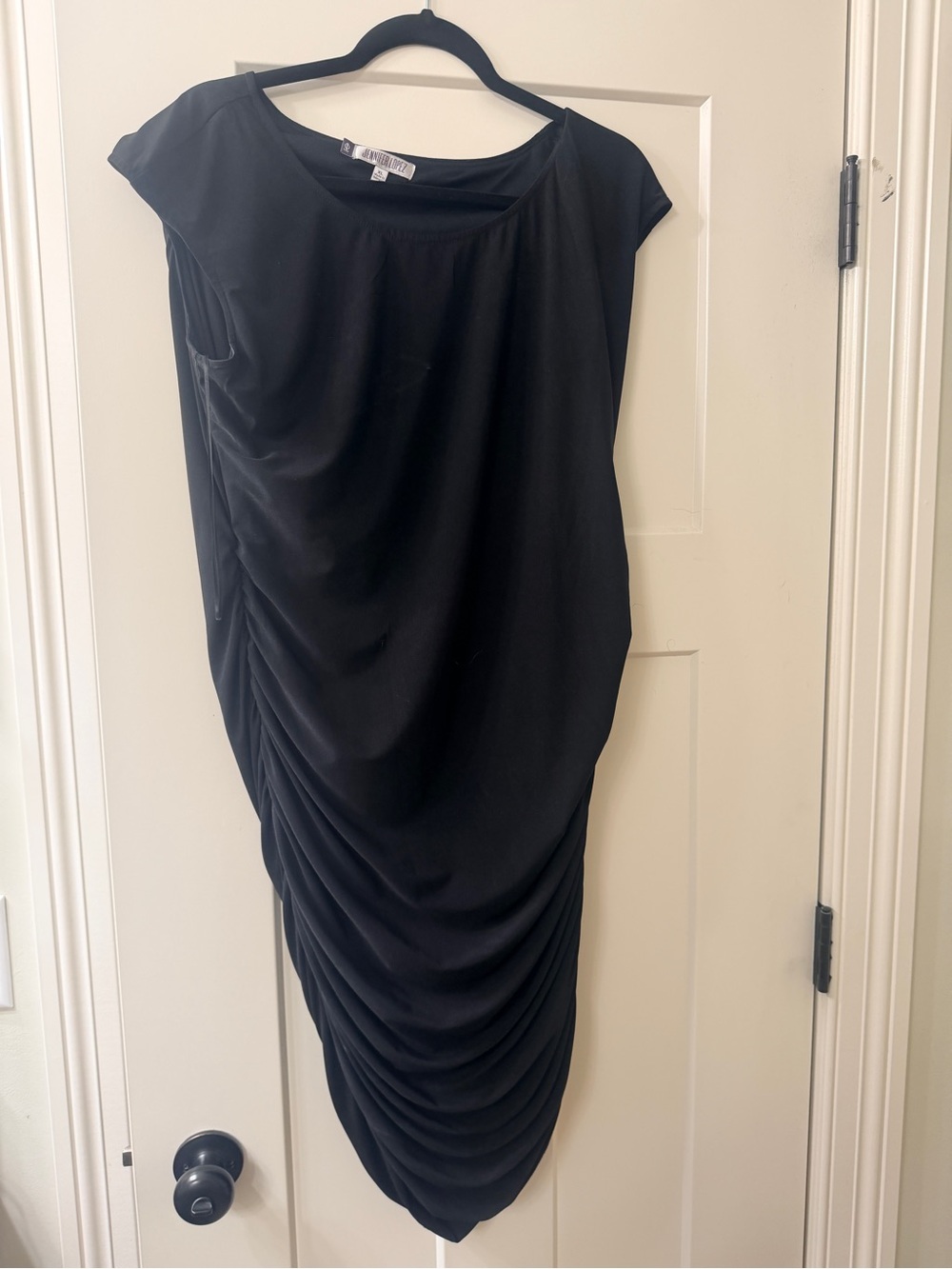 Jennifer Lopez Black Asymmetrical Draped Midi Dress